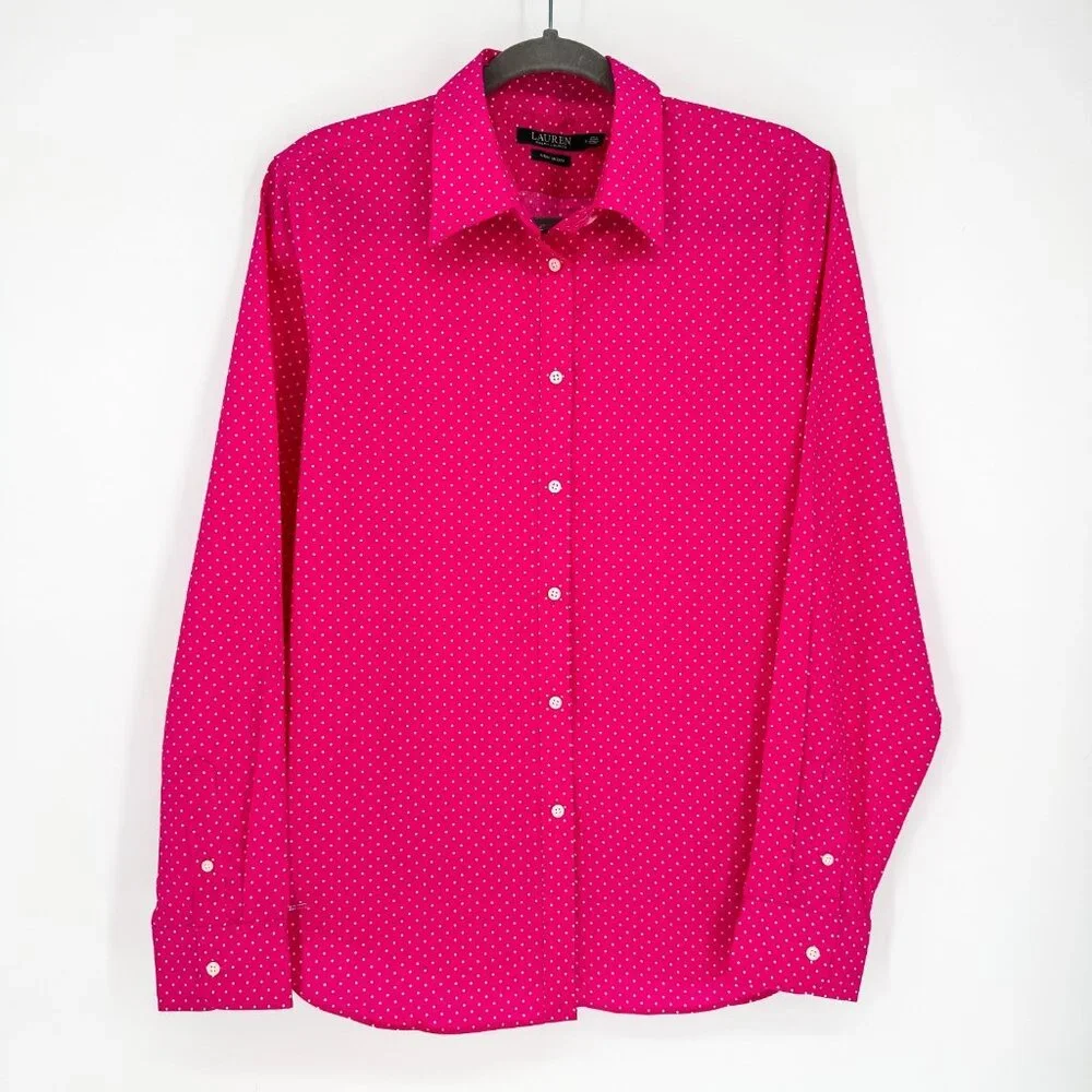 Lauren Ralph Lauren Black Label Long Sleeve Button-Up Pink w/Polka Dot Women XL - Picture 1 of 6